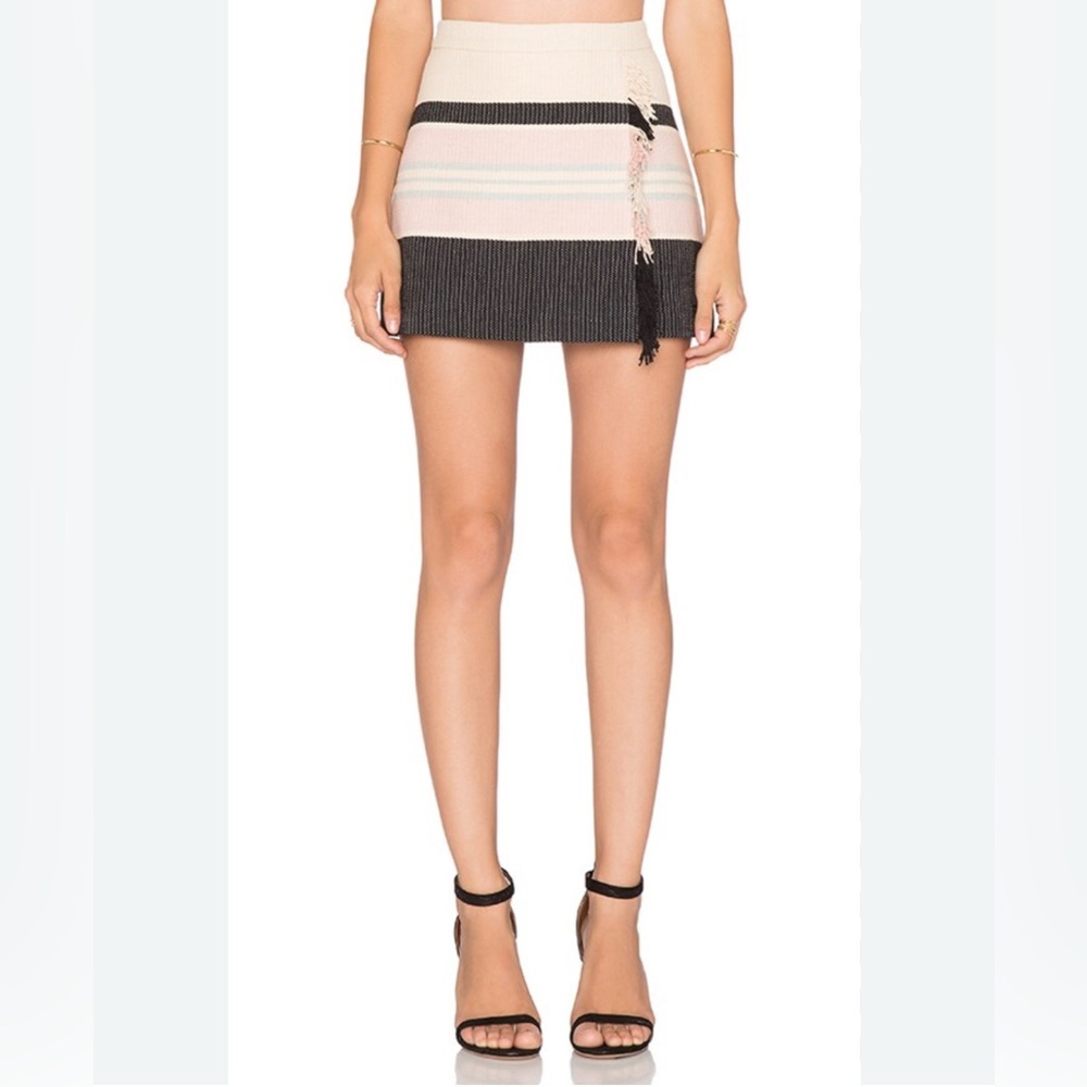 BCBGMaxAzria Mini Skirt Fringe Striped Cream Blue Pink Size 4